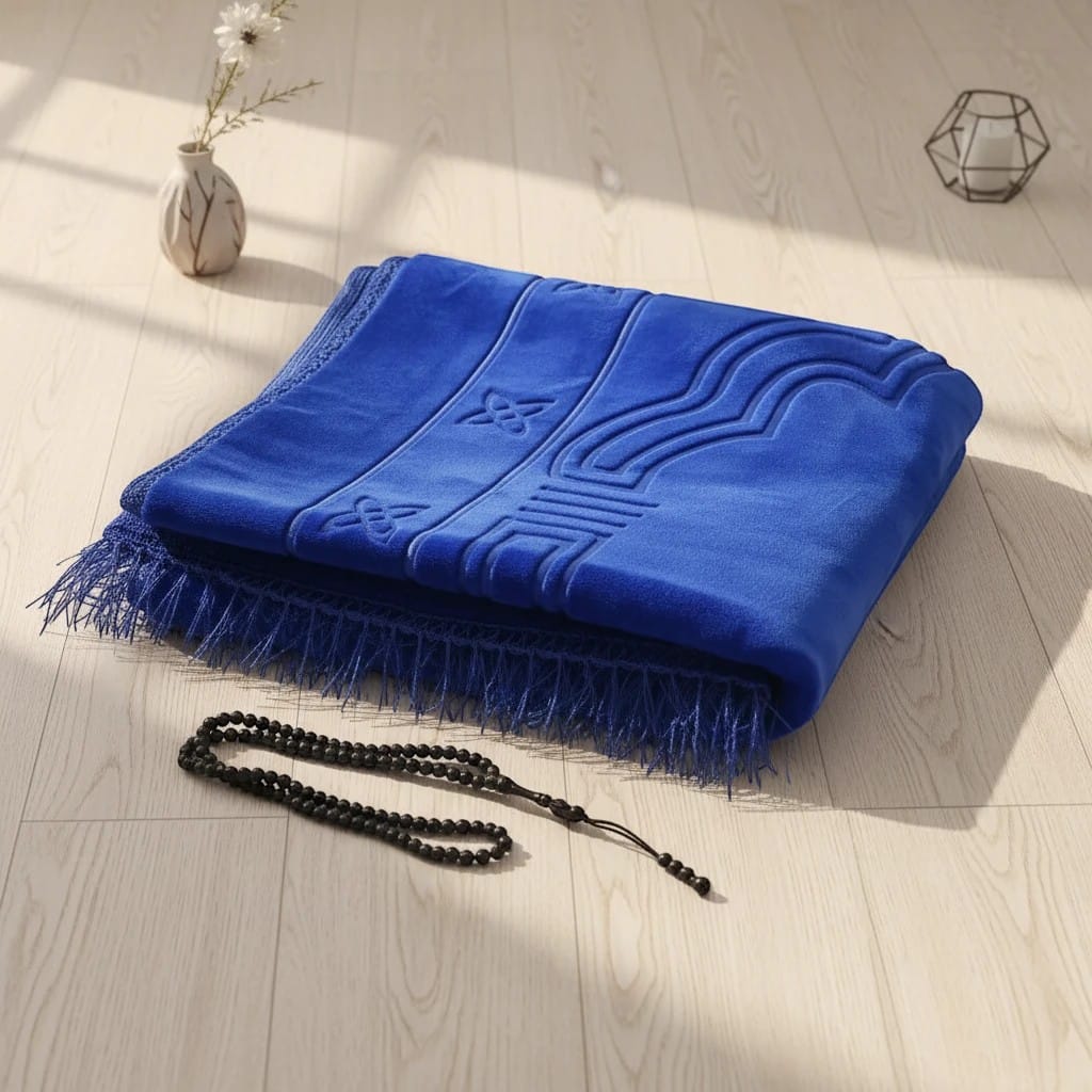 Tapis de Prière Pliable Velours avec Chapelet | SalatNoor