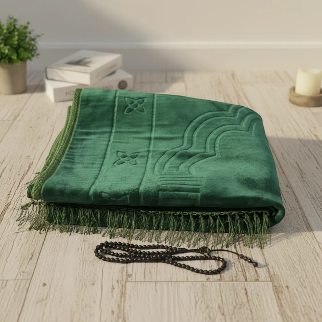 Tapis de Prière Pliable Velours avec Chapelet | SalatNoor